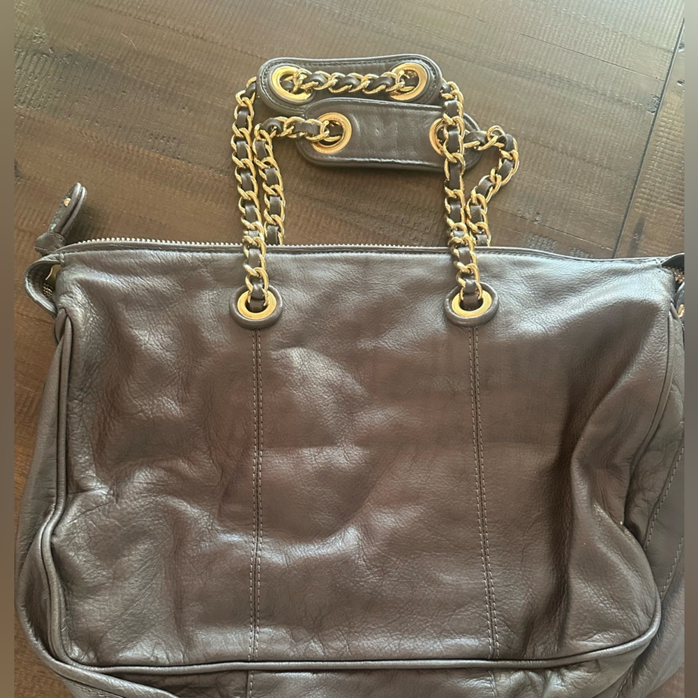 Juicy Couture Black & Grey Leather Tote Bag / Purse with Gold Chain Hardware - Picture 6 of 7